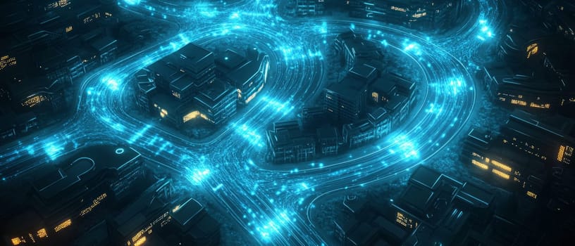 A city seen from above, with glowing blue data streams flowing through streets and buildings.