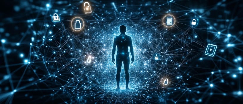 A human figure standing in the center of a digital matrix made of intersecting lines and glowing dots.