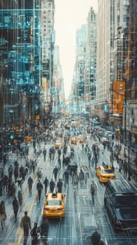 A bustling city street where data points and holographic overlays float above people, vehicles, and buildings.