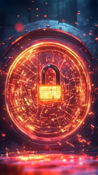 A glowing vault door with a digital padlock made of numbers and lines. Holographic streams of data flow around the vault, representing secure digital identity and authentication mechanisms.