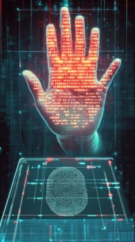 A digital ID card glowing with binary code, floating above a handprint scan. The handprint connects to holographic lines, representing secure identity authentication through personal data.