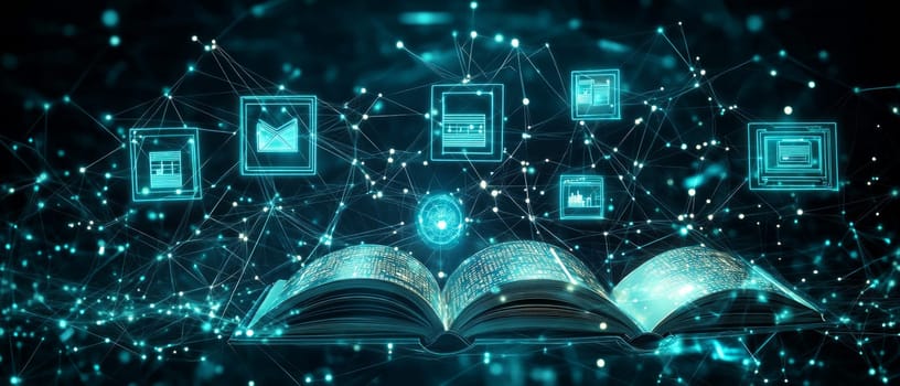 A glowing web of interconnected dots and lines representing knowledge exchange. Holographic books, screens, and icons float within the network, symbolizing the global reach of digital education.
