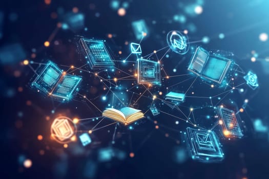 A glowing web of interconnected dots and lines representing knowledge exchange. Holographic books, screens, and icons float within the network, symbolizing the global reach of digital education.