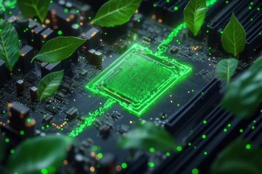 A motherboard with circuits glowing green, connected to nature-inspired elements like leaves and trees.