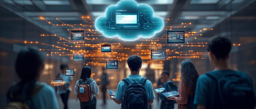 A group of students connected by glowing data streams to floating digital tablets. Above them, a holographic cloud displays lessons, videos, and interactive tools, symbolizing cloud-based e-learning.