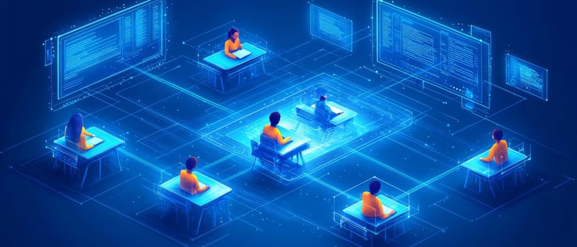 A glowing holographic classroom where students sit at virtual desks, with floating digital screens displaying lessons. Blue-toned lines connect each student to a central digital hub.