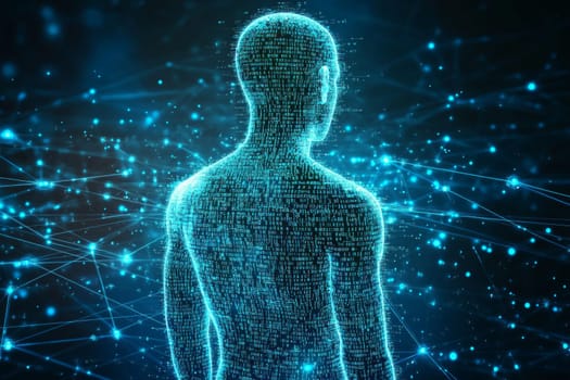 A human silhouette made of transparent holographic code stands in front of a glowing network of blue lines. The silhouette is connected to nodes representing biometric authentication data.