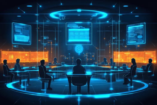 A glowing holographic classroom where students sit at virtual desks, with floating digital screens displaying lessons. Blue-toned lines connect each student to a central digital hub.