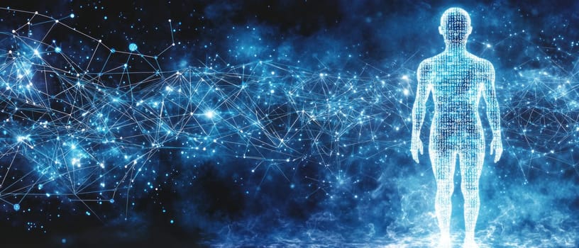 A human silhouette made of transparent holographic code stands in front of a glowing network of blue lines. The silhouette is connected to nodes representing biometric authentication data.