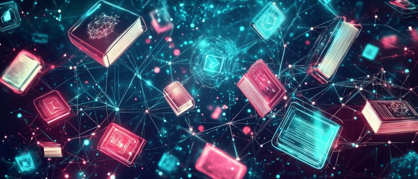 A glowing web of interconnected dots and lines representing knowledge exchange. Holographic books, screens, and icons float within the network, symbolizing the global reach of digital education.