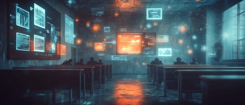 A futuristic classroom where students interact with floating holographic elements like 3D models, quizzes, and video lectures. Particle effects swirl around, representing dynamic digital learning.