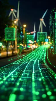 A network of glowing green data streams flowing between servers, solar panels, and wind turbines. The data streams have holographic overlays showing energy consumption and carbon footprint reduction.