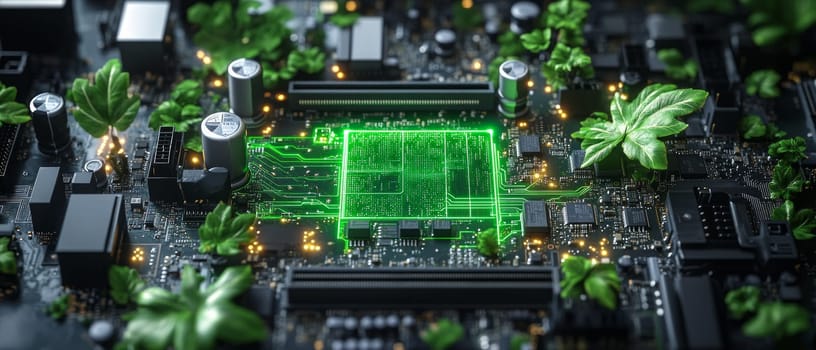 A motherboard with circuits glowing green, connected to nature-inspired elements like leaves and trees.