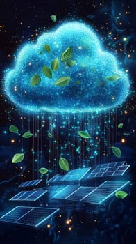A glowing cloud made of blue-toned particles, with floating green leaves inside. Data streams flow from the cloud to solar panels and wind turbines, representing sustainable energy use in IT.
