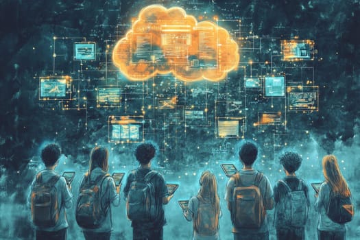 A group of students connected by glowing data streams to floating digital tablets. Above them, a holographic cloud displays lessons, videos, and interactive tools, symbolizing cloud-based e-learning.