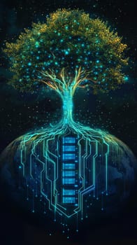 A tree with roots made of glowing blue circuits, symbolizing the merging of technology and nature. Data flows through the roots into servers embedded in the earth, representing Green IT systems.