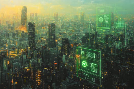 A cityscape overlaid with a green, glowing digital grid. Holographic icons of solar panels, wind farms, and energy-efficient servers highlight the integration of technology with sustainability.