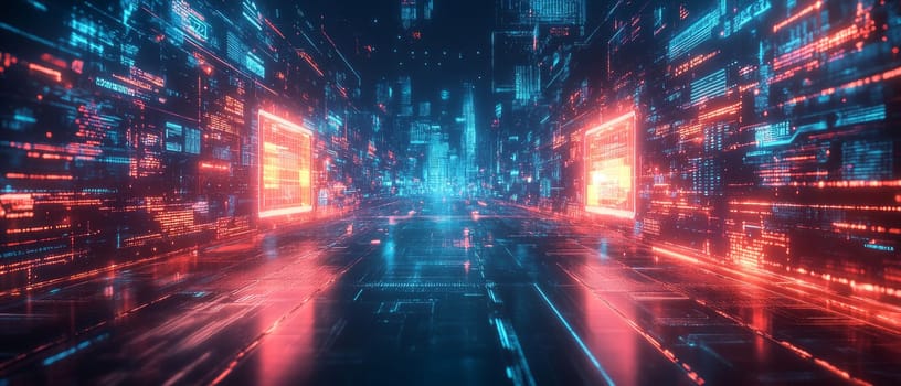 A futuristic city where one side is glowing with holographic interfaces, smart devices, and data streams, while the other side is dark and empty, representing the stark contrast of the digital divide.