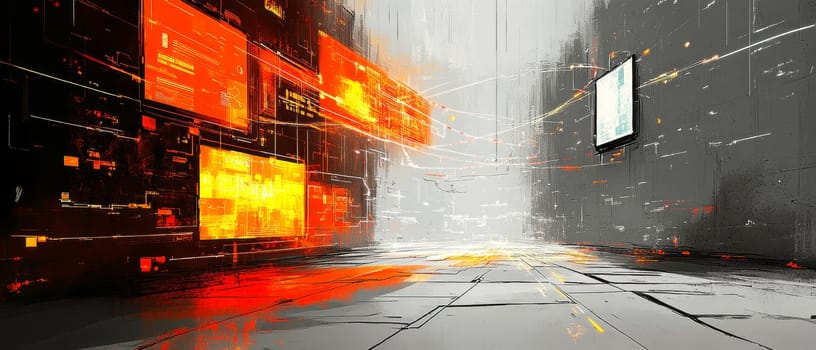 Two parallel worlds: one vibrant and filled with floating digital screens, lines, and holograms; the other gray and devoid of technology. A few glowing lines attempt to connect the two worlds.