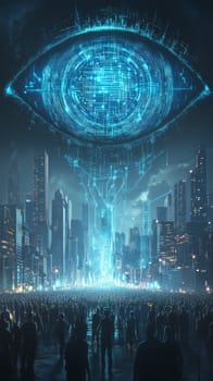 A large AI eye made of glowing blue circuits watches over a city filled with people. Holographic lines show the flow of data from individuals to the eye, symbolizing the need for ethical AI oversight.