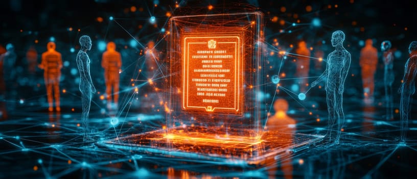 A digital tablet displaying a glowing code of ethics, surrounded by holographic lines connecting to AI systems and human figures.