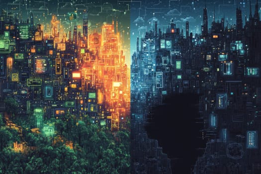 A futuristic city where one side is glowing with holographic interfaces, smart devices, and data streams, while the other side is dark and empty, representing the stark contrast of the digital divide.