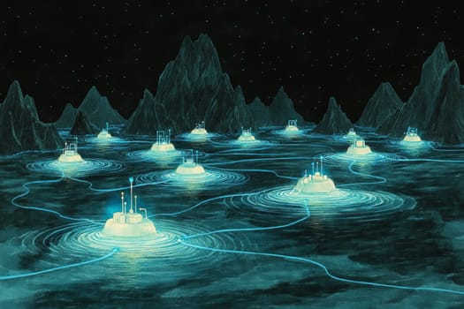 Small, glowing islands of connected devices float in a vast dark ocean.