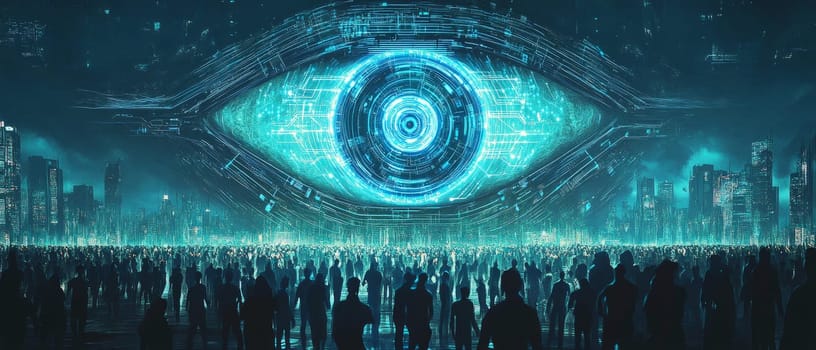 A large AI eye made of glowing blue circuits watches over a city filled with people. Holographic lines show the flow of data from individuals to the eye, symbolizing the need for ethical AI oversight.