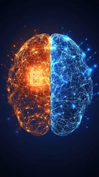 A holographic brain split into two: one side glowing with ethical principles, the other dark and cold, representing the challenge of programming AI to respect digital rights and fairness.
