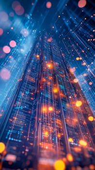 A towering digital skyscraper made of glowing circuits and lines, representing cloud infrastructure. Data flows in holographic streams between servers and nodes within the structure.