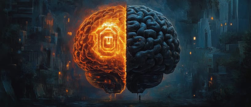 A holographic brain split into two: one side glowing with ethical principles, the other dark and cold, representing the challenge of programming AI to respect digital rights and fairness.