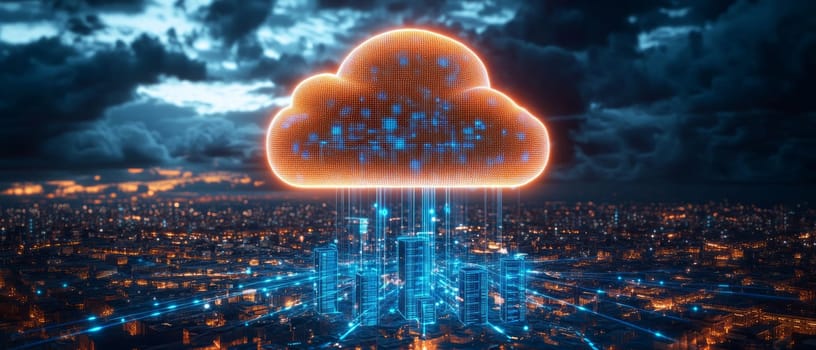 A glowing cloud floating above a cityscape, with holographic blue lines connecting to servers, devices, and networks. Data streams flow between the cloud and the infrastructure below.