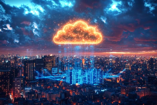A glowing cloud floating above a cityscape, with holographic blue lines connecting to servers, devices, and networks. Data streams flow between the cloud and the infrastructure below.