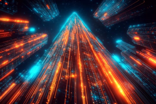 A towering digital skyscraper made of glowing circuits and lines, representing cloud infrastructure. Data flows in holographic streams between servers and nodes within the structure.