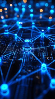 A glowing digital framework, with data streams flowing between server farms and devices. Blue-toned circuits intertwine, representing the invisible infrastructure powering cloud services.