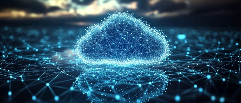 A vast, glowing cloud made of blue-toned particles hovers over an interconnected network of holographic lines and dots, symbolizing the limitless scalability of cloud computing.