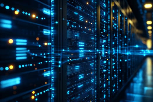 A glowing digital framework, with data streams flowing between server farms and devices. Blue-toned circuits intertwine, representing the invisible infrastructure powering cloud services.