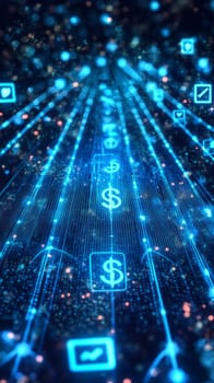 A blank digital canvas glowing with blue-toned lines and dots, with holographic overlays of ads, likes, and dollar signs appearing as the artist creates.