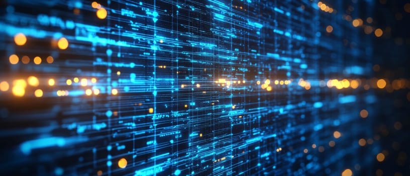 A glowing digital framework, with data streams flowing between server farms and devices. Blue-toned circuits intertwine, representing the invisible infrastructure powering cloud services.