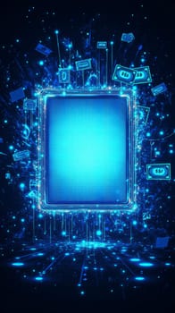 A blank digital canvas glowing with blue-toned lines and dots, with holographic overlays of ads, likes, and dollar signs appearing as the artist creates.