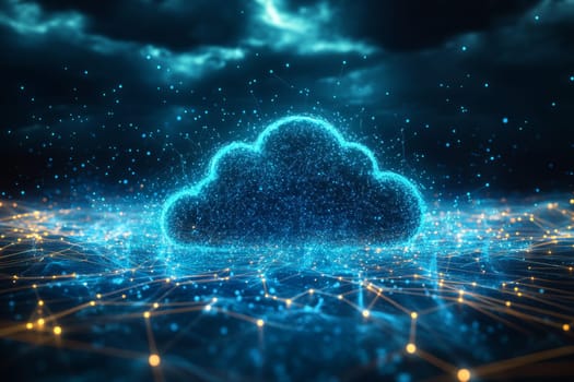 A vast, glowing cloud made of blue-toned particles hovers over an interconnected network of holographic lines and dots, symbolizing the limitless scalability of cloud computing.