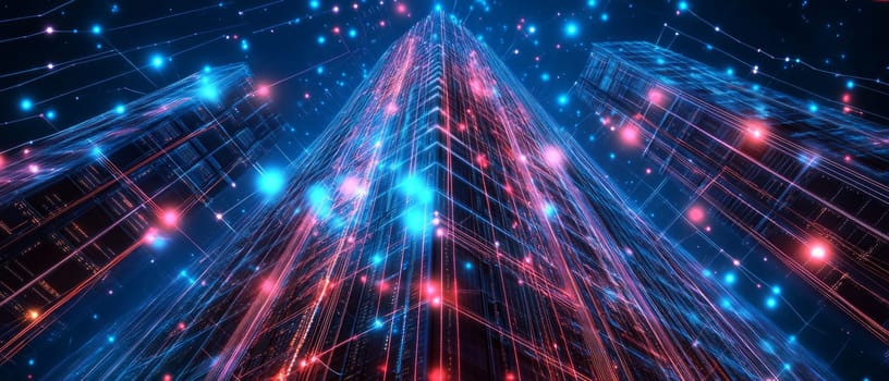 A towering digital skyscraper made of glowing circuits and lines, representing cloud infrastructure. Data flows in holographic streams between servers and nodes within the structure.