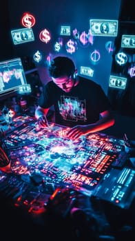 A digital artist surrounded by glowing holographic tools, brushes, and editing panels. Floating dollar signs and monetization icons hover in the air as content flows from the artist's screen.