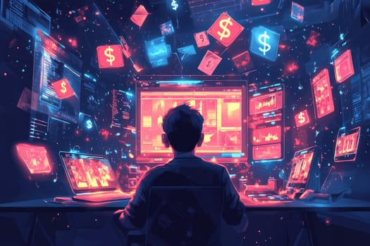 A digital artist surrounded by glowing holographic tools, brushes, and editing panels. Floating dollar signs and monetization icons hover in the air as content flows from the artist's screen.