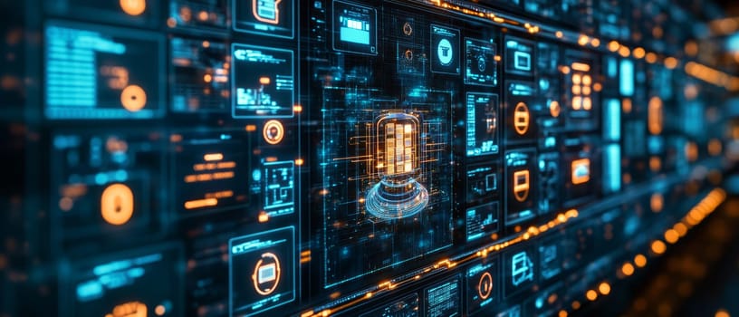 Rows of floating holographic screens showing content creation in progress. Each screen is connected by glowing lines to a central digital vault filled with icons of money and analytics.
