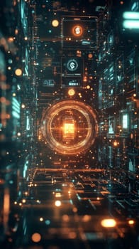 Rows of floating holographic screens showing content creation in progress. Each screen is connected by glowing lines to a central digital vault filled with icons of money and analytics.