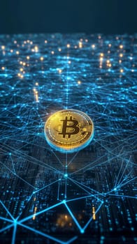 A glowing holographic coin floating above a vast grid of interconnected blue-toned lines and nodes. Data streams flow from central banks to individual users, representing CBDCs.