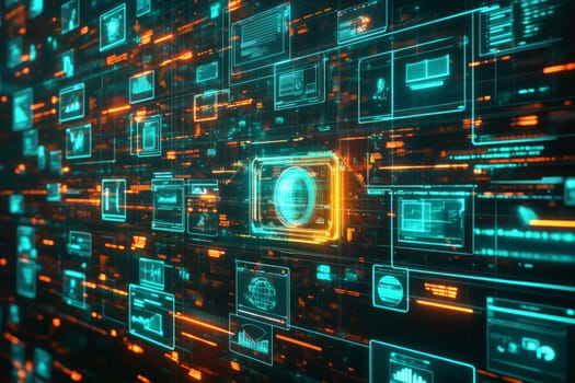 Rows of floating holographic screens showing content creation in progress. Each screen is connected by glowing lines to a central digital vault filled with icons of money and analytics.
