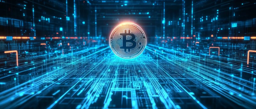 A glowing holographic coin floating above a vast grid of interconnected blue-toned lines and nodes. Data streams flow from central banks to individual users, representing CBDCs.