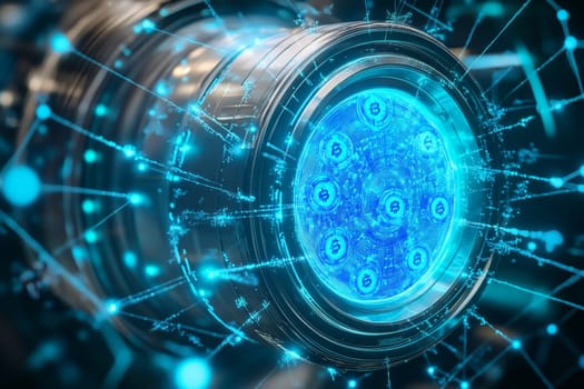 A futuristic vault glowing with holographic blue-toned coins, representing digital currencies. Particle effects swirl around the vault as lines connect it to global financial institutions.